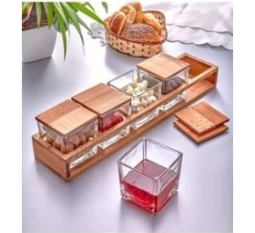 Resim İliva 5'li Ahşap Standlı Kapaklı Cam Lüx Kahvaltılık - Kahvaltı Sunum Seti 