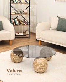 Resim Modern Orta Sehpa & Küre Sehpa & Top Sehpa & Füme Yuvarlak Cam & Treverten Mermer Bej 