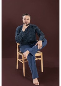 Resim Seamlife Erkek Büyük Beden Bisiklet Yaka 3 Düğmeli Mevsimlik Uzun Kollu Pijama Takımı Lacivert 