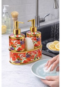 Resim Lüks Çicek Desenli Çift Pompa Sıvı Sabunluk Seti Gold Detaylı Mutfak & Banyo Organizer Çok Renkli 