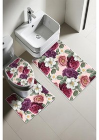 Resim Modern Desenli Dijital Baskı 3 Lü Banyo Paspas Takımı Yıkanabilir Kaymaz Tabanlı Klozet Takımı Klz0053 Renkli 