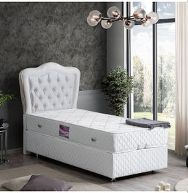 Resim Setaymobilya Baza, Camelli Beyaz Tek Kişilik Baza + Başlık + Ortopedik Yatak 