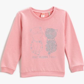 Resim Kız Bebek Kedi Baskılı Sweatshirt Bisiklet Yaka Pamuklu 