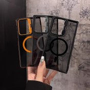 Resim Lüks ve Şık İki Tonlu Manyetik S25 Ultra Metal Manyetik Şeffaf Telefon Kılıfı S25, S24, S23, S22 Ultra Plus, S24FE için uygundur. Lens Çerçevesi Stand Olarak Açılabilir, Kablosuz Şarjı Destekler ve Telefonunuzu Çift Renkli Koruma ile Korur. 