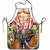 Resim 1 adet Cowboy İllüstrasyon Baskılı Önlük - Kolsuz Polyester Mutfak ve Pişirme Önlüğü, "Cowboy" Kemer Tokası Tasarımı, Kahverengi ve Beyaz Çizgili Gömlek, Mavi Kot ve At İllüstrasyonu, Ev veya Açık Hava Kullanımı İçin Mükemmel, Açık Hava Etkinliği Ekipmanı | Canlı İllüstrasyon | Dayanıklı Önlük, Mutfak Önlüğü 