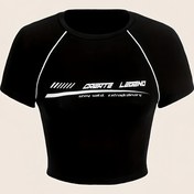Resim Mektup Baskı Mürettebat Yaka Kırpma T-Shirt, İlkbahar ve Yaz İçin Rahat Kısa Kollu Üst, Kadın Giyim 