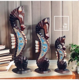 Resim Seahorses 77-1 Renkli Ahşap 3 Lü Denizatı Heykeli 50 Cm Büyük Dekoratif Obje, Otantik Ev Ve Ofis 
