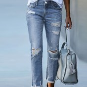Resim Kadınların Yüksek Esneklikli Yırtık Etekli Skinny Kotları - Açık Mavi, Kırpılmış Uzunluk, Fermuarlı Uç, Tüm Mevsimler İçin Rahat Kotlar, Yırtık Detaylar, Rahat Kıyafetler|Yıpranmış Kotlar|Fermuarlı Kotlar 