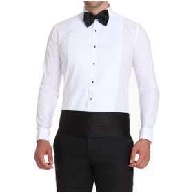 Resim Slim Fit Duble Manşet Klasik Yaka Önü Piliseli Beyaz Damatlık Smokin Gömlek Gk 512 Beyaz 