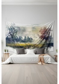 Resim Sisli Sabah Manzarası Desenli Duvar Halısı Duvar Örtüsü Tapestry Süet Dokulu Kumaş 