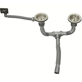 Resim AKKON Lüks Çöpmak Çift Gözlü Damlalıklı Lavabo/Evye Sifonu Gider Borusu Geniş Kafa Paslanmaz 