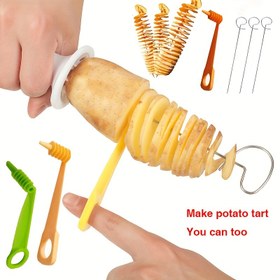Resim 6 adet çok fonksiyonlu spiral patates dilimleyici, çakmak taşı veya magnezyum çubuksuz paslanmaz çelik manuel tornado sebze kesici, barbekü ve kamp mutfak araçları için uygun 