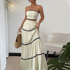 Resim Kadınlar için Omuz Üstü Askısız Üst ve Esnek Etek Takımı - Bej Polyester, Büzgülü Detay, Tüm Mevsim Rahat Giyim, Rahat Giyim|Büzgülü Detay Üst|Polyester Kumaş 