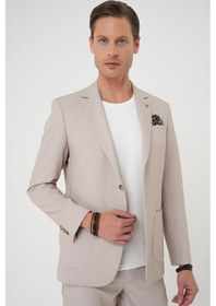 Resim Efor Comfort Fit Mono Yaka Çift Yırtmaç Torba Cep Kendinden Desenli Casual Bej Ceket C 705 Bej 
