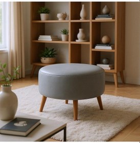 Resim Azra Mobilya Gri Yuvarlak Deri Puf 60 Cm Çap, 46 Cm Yükseklik, Modern Ceviz Ayaklı Gri 