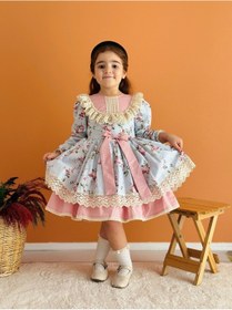 Resim Mavi Çiçekli Önü Fiyonklu Vintage Elbise, Özel Dikim Çocuk Elbisesi, Doğum Günü Elbisesi,0-12 Yaşa Uygun Mavi 