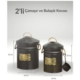 Resim 2'li Set Deterjan Kovası Çamaşır Bulaşık Kutusu Ölçekli Galvaniz Metal Siyah Siyah 