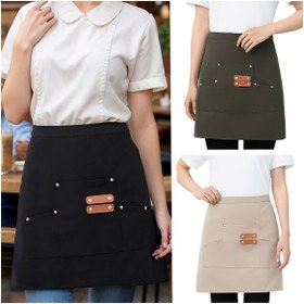 Resim 1 adet Cinsiyetsiz Kısa Bel 3D Kanvas Önlük - 3 Cep, Kahverengi ve Bej Tasarımı, Restoranlar ve Kafeler için Mükemmel, Polyester Kumaş, 120g/m², Cafe Kıyafeti | Modern Önlük | Dayanıklı Önlük 