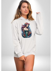 Resim Deniz Kızı Çiçek Kadın Erkek Beyaz Kapüşonlu Sweatshirt Hoodie Beyaz 
