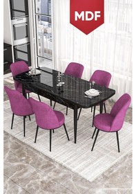 Resim Canisa Kor Serisi MDF 70x114 Açılabilir Yemek Masası Takımı, 6 Sandalye Masa Siyah Mermer Desen Sandalye Mor 