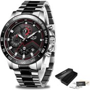 Resim Hanyang Siyah Gümüş Lıge Erkek Saatler Üst Marka Lüks Paslanmaz Çelik Mavi Su Geçirmez Kuvars Izle Erkekler Moda Chronograph Erkek Spor Askeri Saat (Yurt Dışından) 