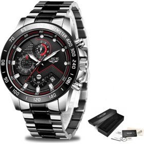 Resim Hanyang Siyah Gümüş Lıge Erkek Saatler Üst Marka Lüks Paslanmaz Çelik Mavi Su Geçirmez Kuvars Izle Erkekler Moda Chronograph Erkek Spor Askeri Saat (Yurt Dışından) 