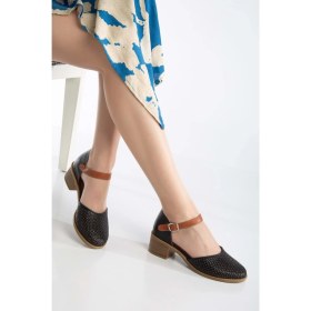 Resim Analin Shoes Kadın Hakiki Deri Delikli Sandalet - Siyah Günlük Kullanım İçin Orta Topuk ve Deri Astar 