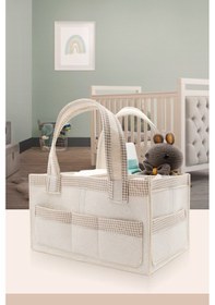 Resim Jasper Kare Şeritli Keçe Anne Bebek Bakım Çantası Organizer Bej 
