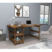Resim WOODFACE Masif Ahşap Çalışma Masası 116x55 Doğal Ahşap 2 Bölüm Özel Tasarım Uyumlu Görünüm Ceviz Renk 
