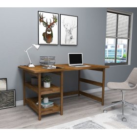 Resim WOODFACE Masif Ahşap Çalışma Masası 116x55 Doğal Ahşap 2 Bölüm Özel Tasarım Uyumlu Görünüm Ceviz Renk 