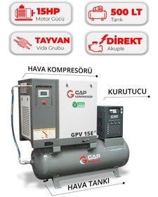 Resim Hava Kompresörü Depo Üstü İnvertörlü Vidalı 15hp 500lt Gpv15e 