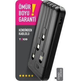 Resim Powerway 10.000 Mah Kablolu Dijital Göstergeli 10.000 Mah Garantili Dahili Stand TX109 Siyah Powerbank 