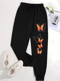Resim Butterflys Baskılı Eşofman Altı Jogger - Baskılı Lastik Paça Yüksek Bel Siyah 