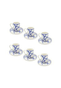Resim Renkli Geometrik Çizgili 6 Kişilik Porselen Kahve Fincan Takımı Mavi 