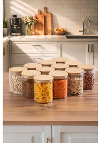 Resim Porsima 1-4 Bambu Vakumlu Kapaklı Yuvarlak Cam 12li Kavanoz Seti Saklama Kabı 750ml 10x12cm 