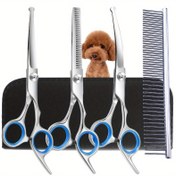 Resim 4'lü Profesyonel Köpek ve Kedi Tüyü Güzelleştirme Makası - Paslanmaz Çelik Yuvarlak Baş Aşağı Bükümlü İnceltme ve Kesme Makası, Hassas Kesim ve Şekillendirme için Saklama Çantası ile 