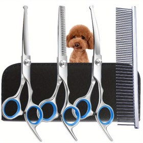 Resim 4'lü Profesyonel Köpek ve Kedi Tüyü Güzelleştirme Makası - Paslanmaz Çelik Yuvarlak Baş Aşağı Bükümlü İnceltme ve Kesme Makası, Hassas Kesim ve Şekillendirme için Saklama Çantası ile 