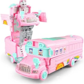 Resim Hyd Sevimli Pembe Dönüşebilen Okul Otobüsü Trasformace Robot Pilli Işıklı Müzikli Araba 
