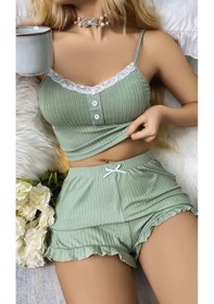 Resim Kadın Yeşil Dantel Detaylı Şortlu Gecelik Pijama Takımı 5014 Yeşil 