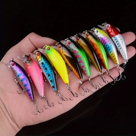 Resim 10 Parça Minnow Balıkçılık Yemi Seti 5.5cm, 6.4g Tatlı Su ve Tuzlu Su İçin Sert Yem Crankbait'ler, ABS Malzeme - Kırmızı Balık, Bas, Muskellunge, Yayın Balığı, Alabalık, Uskumru, Çipura ve Daha Fazlası İçin Çok Türlü Kancalar 