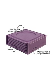Resim Bardak Altlığı,6 Lı Set,masaüstü Yuvarlak Cup Coaster,vegan Suni Deri,11x11 Cm.,lila Lila 