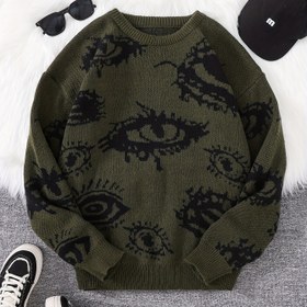 Resim Erkekler için Soyut Göz Desenli Örgü Kazak - Siyah Gözlü Motiflerle Kahverengi, Yuvarlak Yaka Uzun Kollu Süveter, Sonbahar/Kış Mevsimi İçin Regular Fit, Sanatsal Tarz, Kaliteli Dikiş, Moda Tutkunları İçin Üst Giysi 