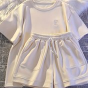 Resim Kızlar için 2 parça, Mini Tavşan Nakışlı Düz Renk Kısa Kollu Yuvarlak Yaka T-shirt + Bağcıklı Şort Takımı, Rahat ve Trend Tatil Takımı Yaz Hediyesi, Kız Pamuk Dış Giyim 