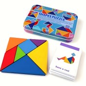 Resim 1 Adet Tangram Ahşap Desen Blokları Geometrik Şekil Bulmacası 3 Yaş ve Üzeri Çocuklar İçin Klasik Eğitici Oyuncak Tasarım Kartları ile 