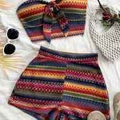 Resim Keskin Tasarım, Y2K Esintili Kadın Bandeau Üst & Yüksek Bel Dokulu Şort Takımı - Canlı Çizgili ve Geometrik Desenler, Ön Bağlama Detayı, Makinede Yıkanabilir, Tatil Kıyafeti|Etnik Tarz Kıyafet|Canlı Tasarım 