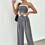 Resim Casual Color Block Pantolon Takımları, Omuzdan Askısız Crop Tube Üst Ve Uzun Boy Geniş Bacak Pantolon Kıyafetleri, Kadın Giyim 