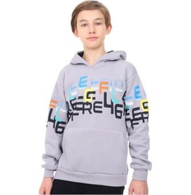 Resim Mon Cherry Erkek Çocuk Üç İplik Renkli Yazılı Kapüşonlu Sweatshirt-13718 Gri 