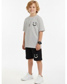 Resim Panios Kids Yuvarlak Yakalı Yazlık Küçük Emoji Baskı Detaylı Kaprili Erkek Çocuk Alt Üst Takım Gri 