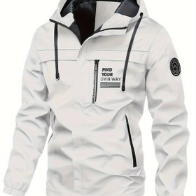 Resim Erkek Hafif Rüzgarlık Ceket - "FIND YOUR WAY" Yazılı, Fermuarlı, Uzun Kollu, Cepli, Kahverengi, Polyester Astarlı, Günlük Dış Mekan Kapüşonlu Rüzgarlık, İlkbahar ve Sonbahar için Mükemmel, Rüzgarlık Ceket 