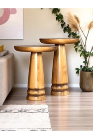 Resim AYLESA Doğal Ahşap 2’li Set Mantar Yan Sehpa Modern Fiskos Zigon Çiçeklik 